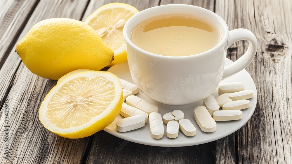 Herbal Tea with Lemon and Pills- Remedy Concept Herbal Tea with Lemon and Pills- Remedy Concept