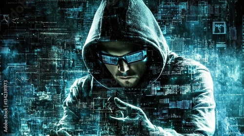 Cybersecurity action hacker manipulating data in digital realm at night
