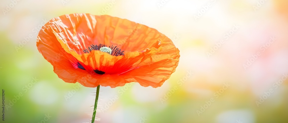 Fototapeta premium Vibrant Orange Poppy Flower in Soft Sunlight Meadow