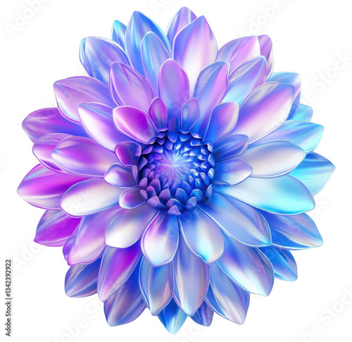 3D render of a colorful blue and purple flower with metallic petals, png