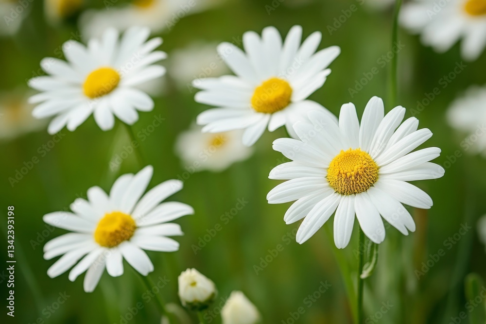 Vibrant white daisies flourishing in a scenic meadow surrounded by lush greenery and blue skies Vibrant white daisies flourishing in a scenic meadow surrounded by lush greenery and blue skies