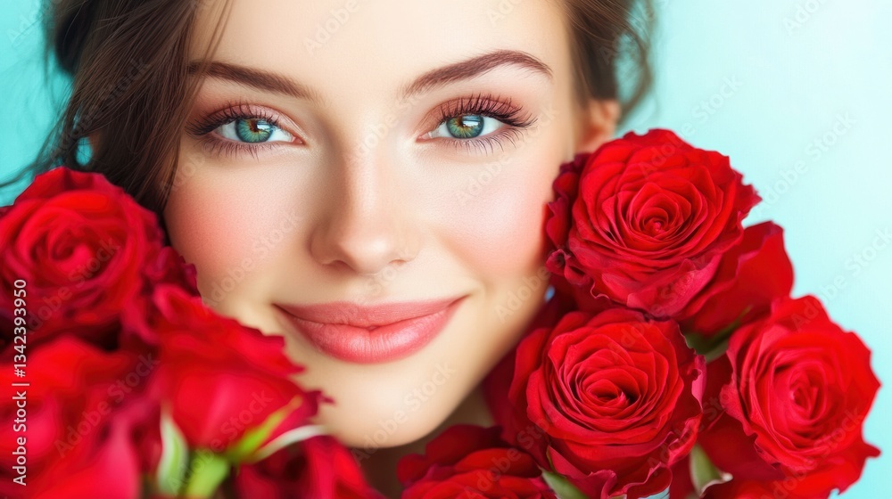 Naklejka premium Young caucasian female with red roses and bright eyes against blue background