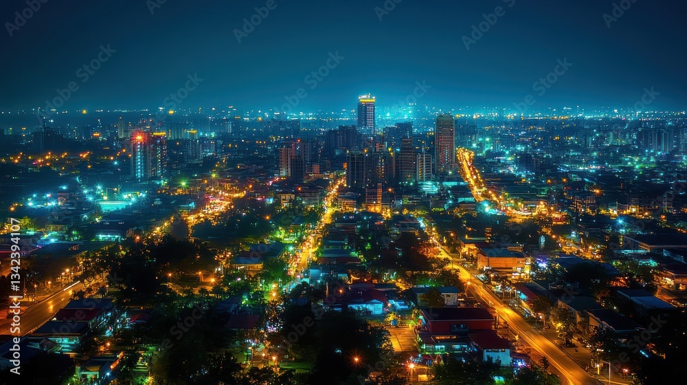 Fototapeta premium Night city aerial view, glowing streets, distant skyline, urban sprawl, tourism