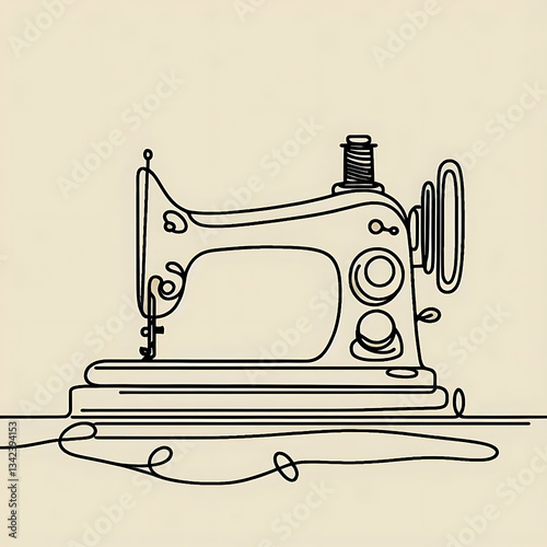 Sewing machine continuous line art drawing.  Sewing machine for atelier or tailor sign design. Minimalist black linear sketch logo. Vector illustration