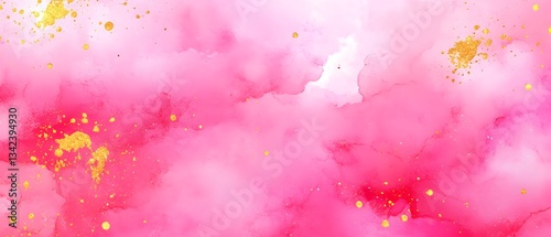 Abstract Pink Watercolor Background with Gold Splatter