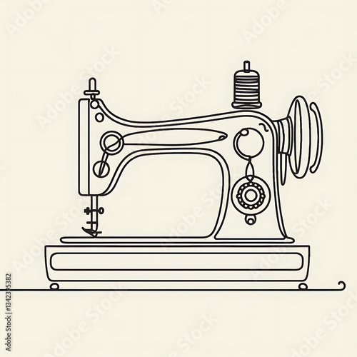 Sewing machine continuous line art drawing.  Sewing machine for atelier or tailor sign design. Minimalist black linear sketch logo. Vector illustration