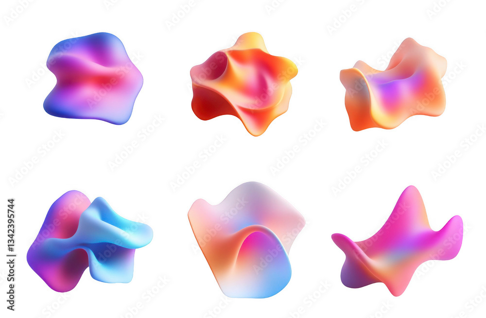 Abstract fluid shapes in various colors and textures, isolated on a white background Abstract fluid shapes in various colors and textures, isolated on a white background