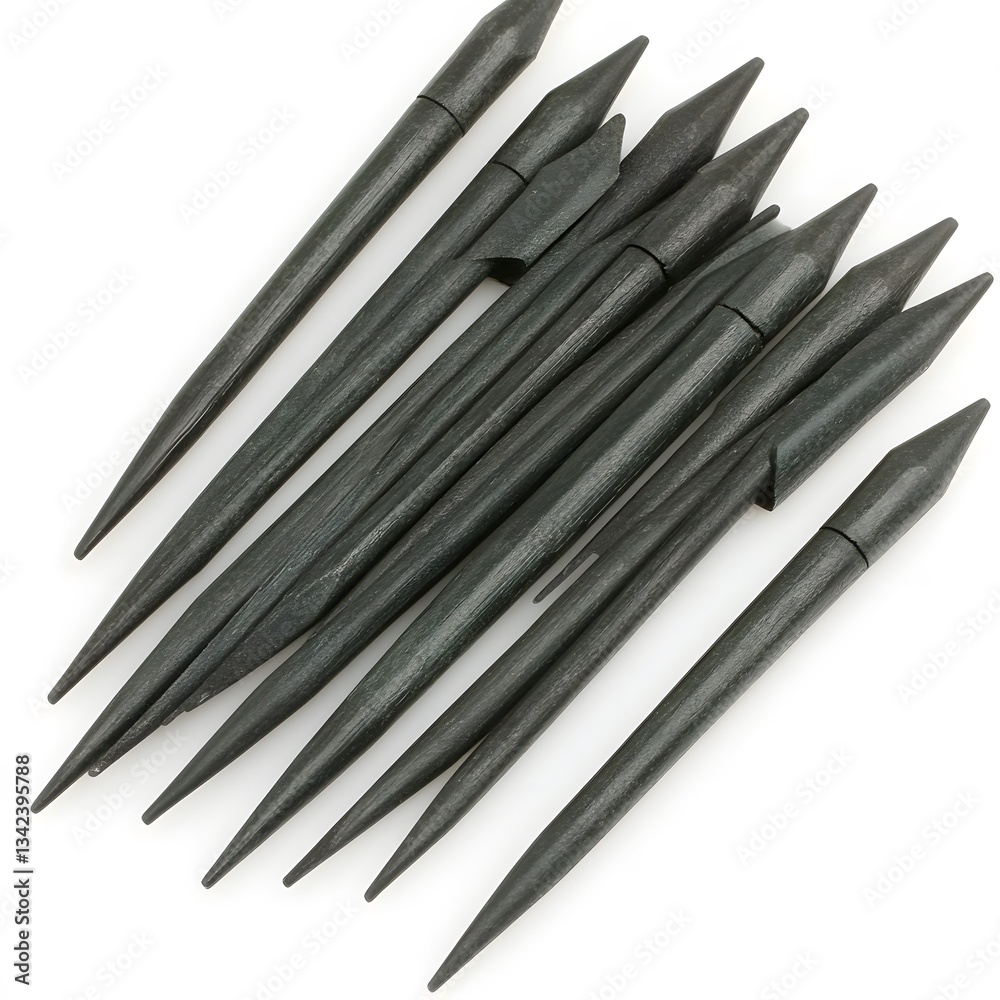 Dark Gray Wooden Pointed Sticks Pile Closeup Dark Gray Wooden Pointed Sticks Pile Closeup