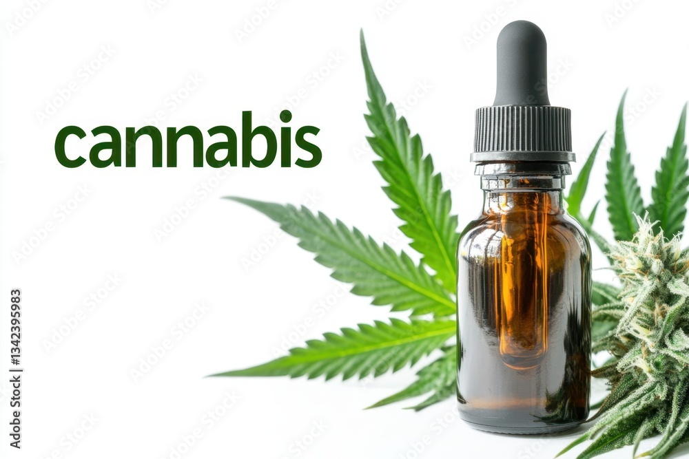 Fototapeta premium Cannabis oil in a dropper bottle surrounded by fresh marijuana leaves
