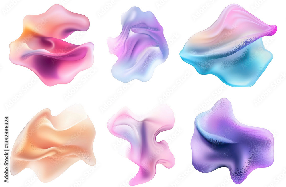 Abstract fluid shapes in various colors and textures, isolated on a white background