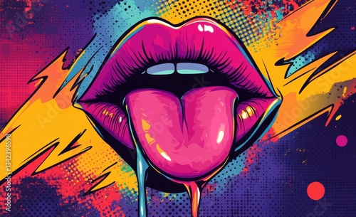 Sensual glossy lips sticking out tongue on colorful pop art background