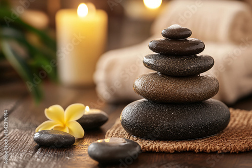 A stack of smooth dark spa stones is placed on a wooden surface with a glowing candle and a delicate frangipani flower nearby creating relaxation

