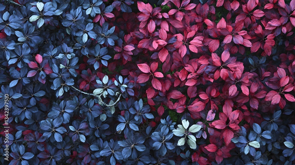 Fototapeta premium Vibrant Autumn Leaves Background Deep Blue and Crimson Foliage Texture