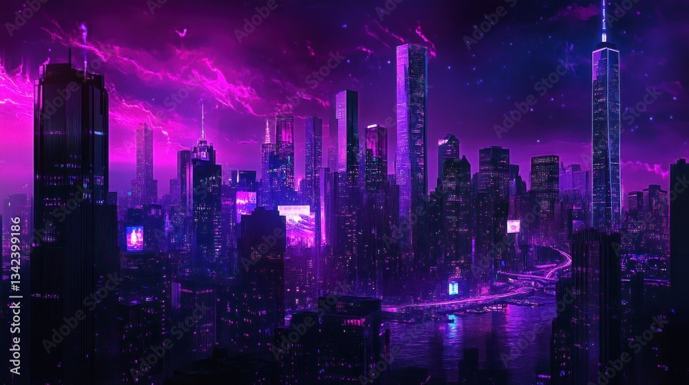 Obraz premium Neon Purple Cityscape at Night
