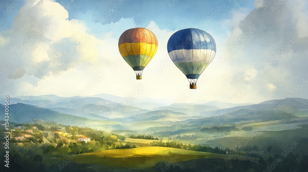 Obraz premium Two hot air balloons over valley landscape
