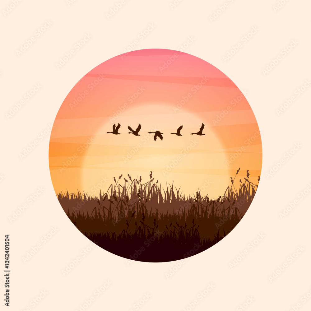 Fototapeta premium Meadow silhouettes with grass and old wooden fence. Countryside, round panoramic summer lawn rural landscape with herbs, weeds. Agriculture and farming. Summer sunset in nature. Vector illustration