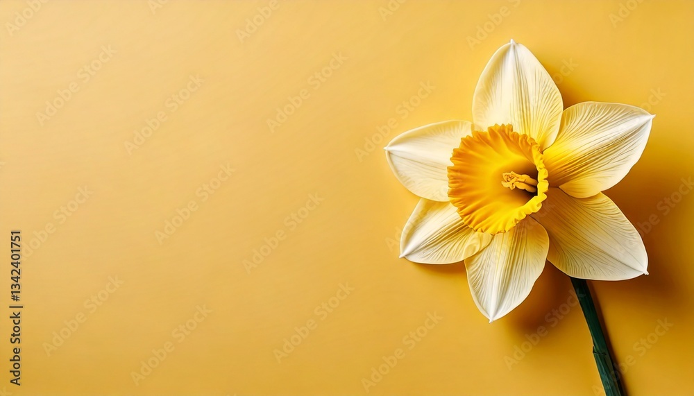 Fototapeta premium Beautiful daffodil flower on a vibrant yellow surface with space for copy
