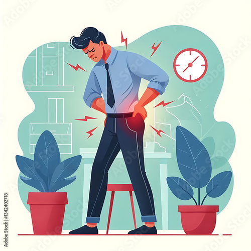 Young man suffering from back pain. Flat vector illustration isolated on white background
