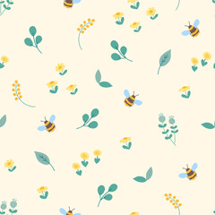 Wandcirkels Kinderkamer patronen Hommels en bloemen op beige  © Anna Butenko