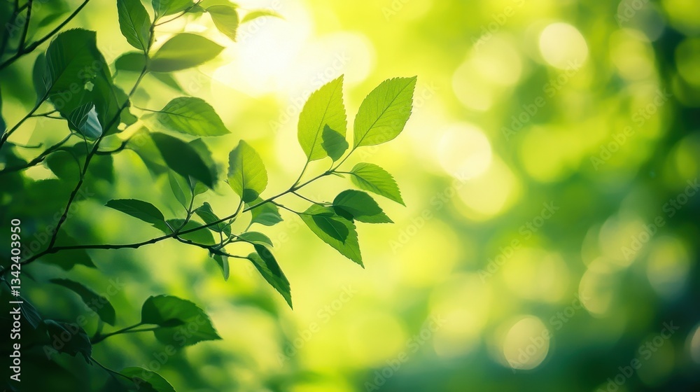 Beautiful green leaves on a branch with sunlit background details Beautiful green leaves on a branch with sunlit background details