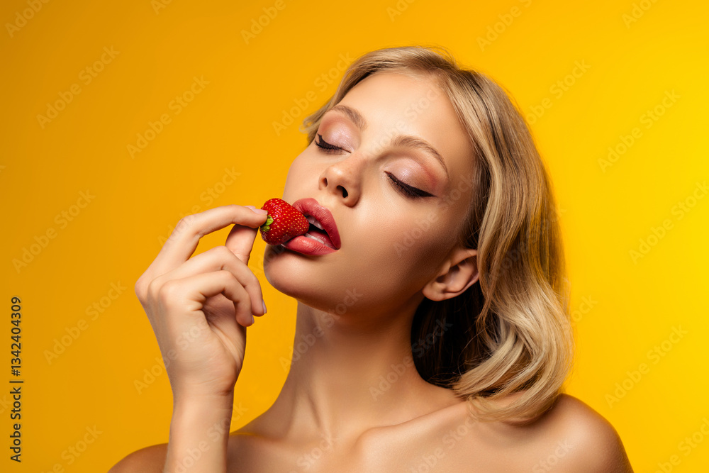 Photo of gorgeous cheerful woman model eating strawberry feeling erotic desire isolated on yellow vivid background Photo of gorgeous cheerful woman model eating strawberry feeling erotic desire isolated on yellow vivid background