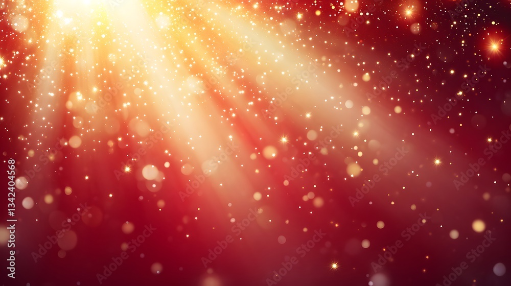Fototapeta premium Red and Gold Festive Sparkling Background, Magical Light Rays, Glitter and Bokeh Effect