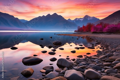 A panoramic view of a tranquil lake at twilight,