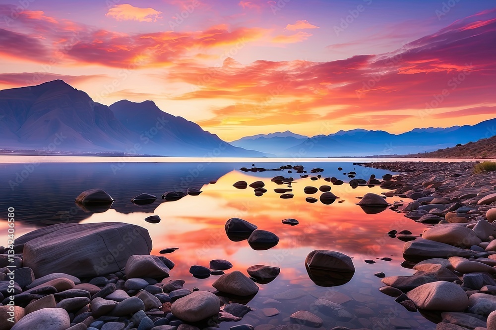 Obraz premium A panoramic view of a tranquil lake at twilight,