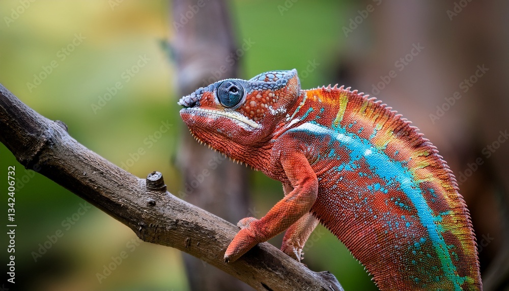 Fototapeta premium colorful chameleon perched on tree branch in natural environment