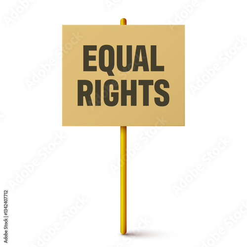 Protest sign with text slogan and wooden holder. Demonstration banner. Strike action cardboard placard mockup. Social advertisement. Vector illustration
