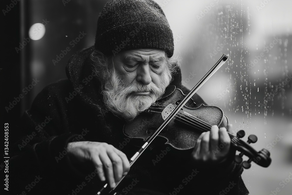 Fototapeta premium Elderly Man Playing Violin, Rainy Street