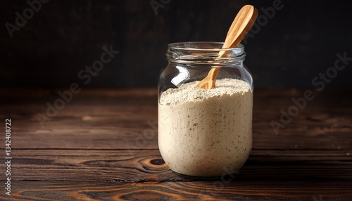 rustic glass jar of active sourdough starter with wooden spoon on dark wooden surface