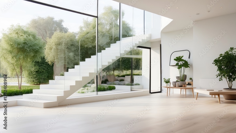 Obraz premium Modern interior space featuring large glass windows that provide natural light and a view of green landscaping.