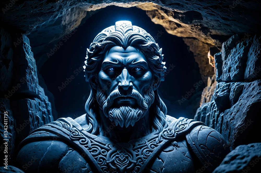 Obraz premium A regal statue with intricate detailing stands in a cavernous temple, symbolizing ancient divinity and cultural grandeur, inviting exploration of lost civilizations