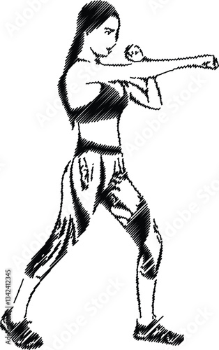 Energetic Woman Practicing Fitness Boxing, Artistic Sketch