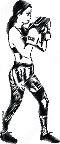Energetic Woman Practicing Fitness Boxing, Artistic Sketch
