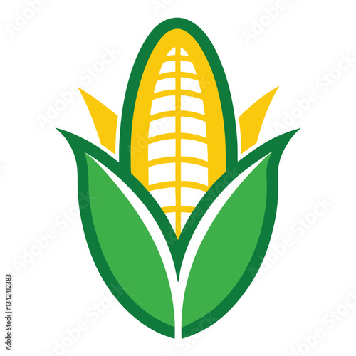 Solid-Colored Corn Logo Illustration with Detailed Stalk and Leaves