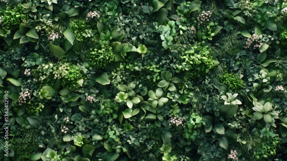 A densely packed wall of green leaves and small blossoms is shown A densely packed wall of green leaves and small blossoms is shown