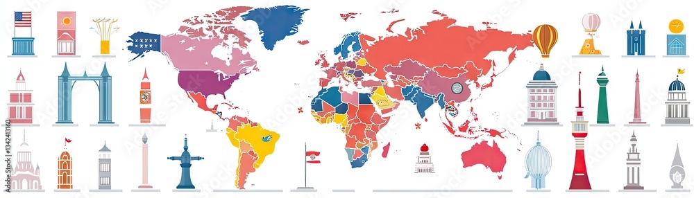 Naklejka premium World map with landmarks and colored countries