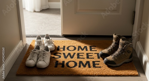 At the entrance to the new apartment there is a rug and pairs of shoes, symbolizing the joint move