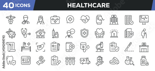 Healthcare icons set. Web line icons collection related medical, treatment, emergency, pharmacy. Editable stroke. Perfect pixel vector illustration isolated on white background.