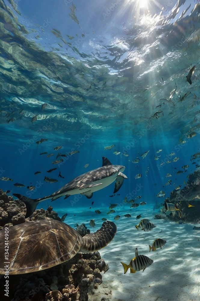 Fototapeta premium Great White Shark Swimming in a Crystal-Clear Ocean