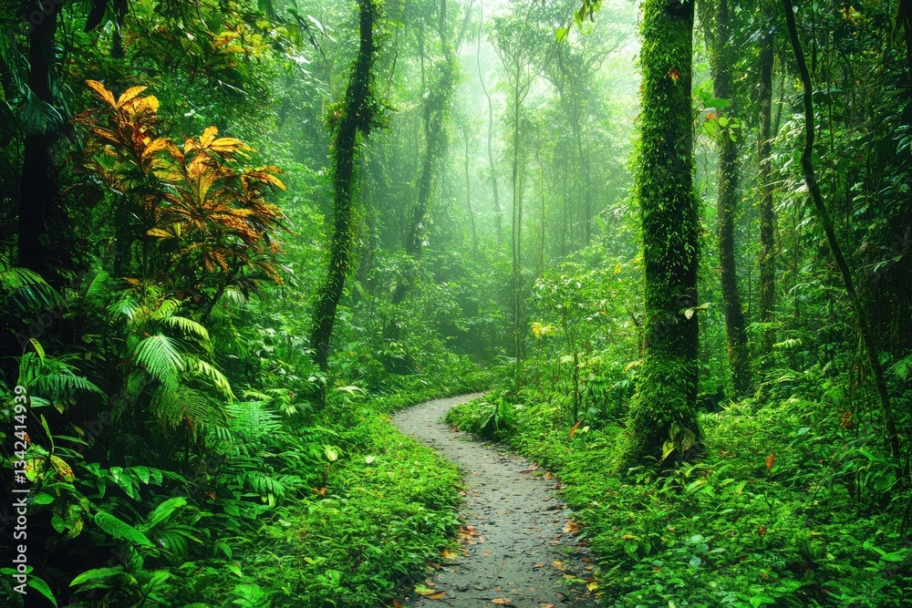 Fototapeta premium Lush rainforest path winding through vibrant green foliage, misty ambiance