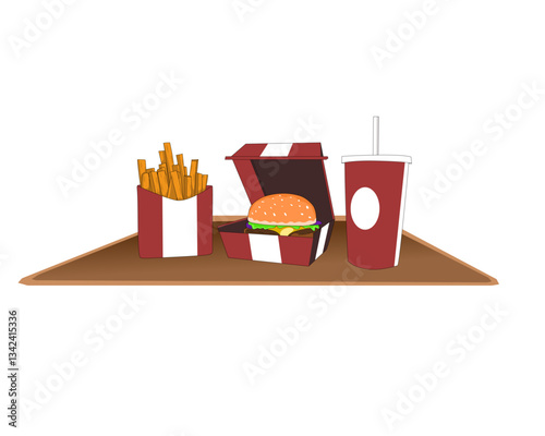 Delightful flat illustration highlighting a classic fast food combo featuring a burger, fries, and soft drink. Perfect for themes related to food, dining, or casual eating representations.