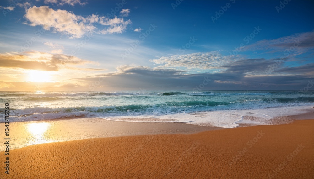 sandy beach blue cloudy sky and soft ocean wave with warm sunset light sandy beach blue cloudy sky and soft ocean wave with warm sunset light