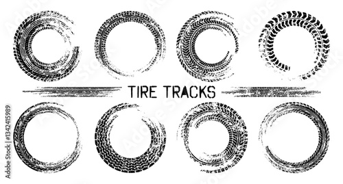 Grunge circle tire tracks, wheel braking marks. Truck, car or motorcycle tread pattern silhouettes. Auto race, motorsport, speed racing design element. Vector illustration