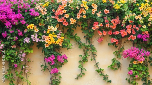 A colorful wall covered in vibrant flowering climbing plants