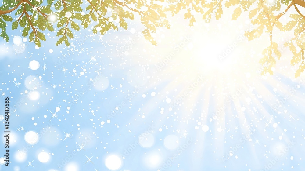 Sunlight through leaves on a light blue sky. Background image. Possible use Presentation background, social media post Sunlight through leaves on a light blue sky. Background image. Possible use Presentation background, social media post