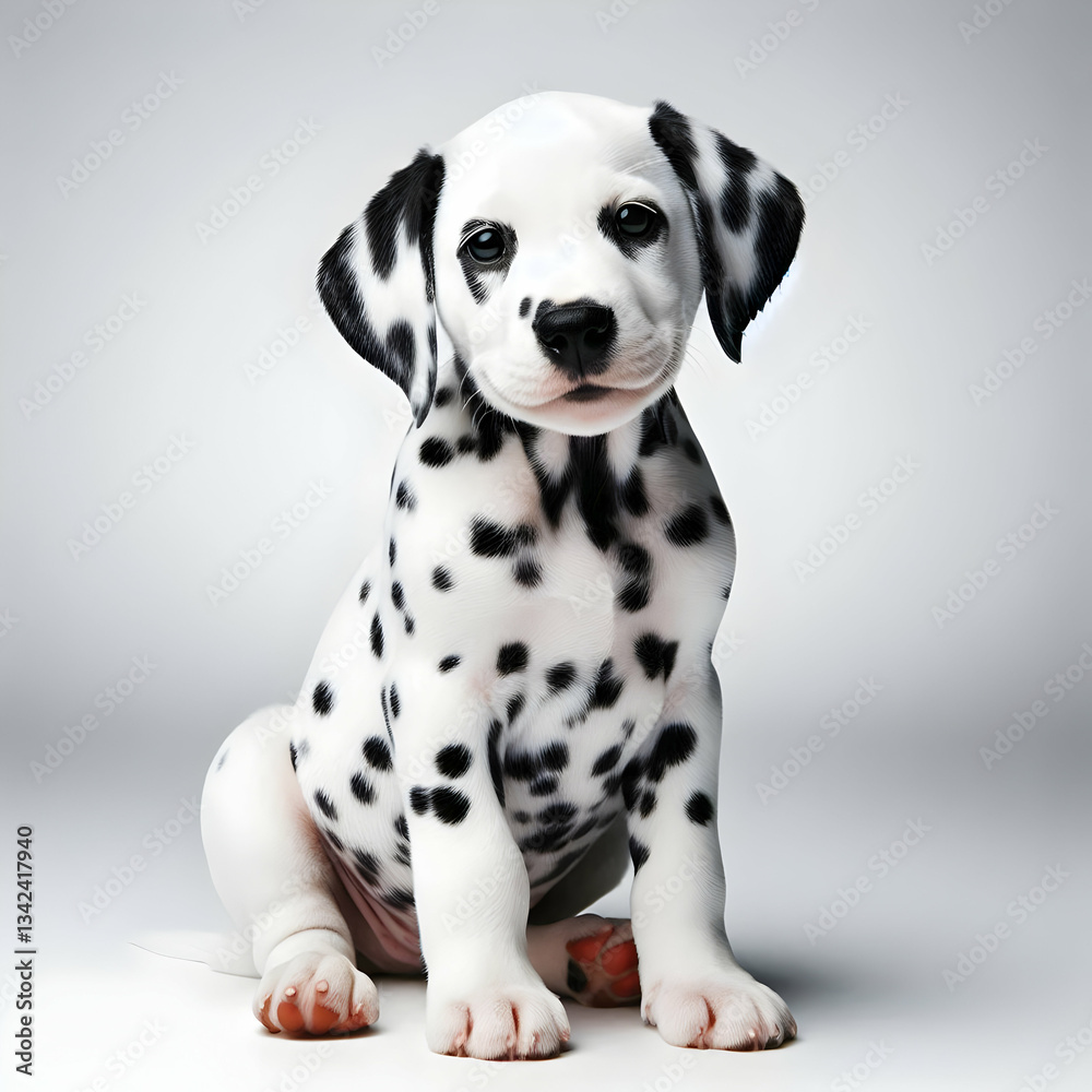Dalmatian puppy sitting looking at the camera isolated on white background png Dalmatian puppy sitting looking at the camera isolated on white background png