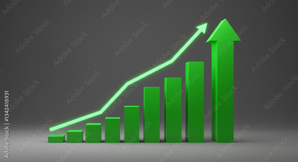 Fototapeta premium Minimalistisches Balkendiagramm mit fetten grünen Aufwärtspfeilen auf einem grauen Farbverlaufshintergrund mit leuchtenden Akzenten, die Erfolg und Wachstum betonen